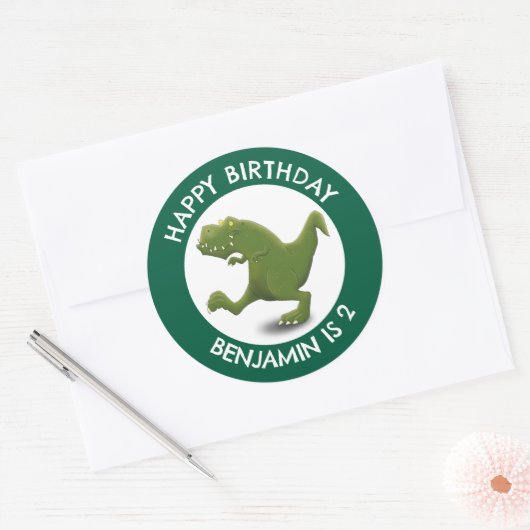 Grappige groene t rex dinosaurus cartoon gepersona ronde sticker (Envelop)