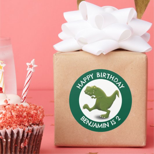 Grappige groene t rex dinosaurus cartoon gepersona ronde sticker (Feest)