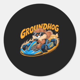 Grappige Groundhog Go-kart Racen Fijne Groundhog D Ronde Sticker