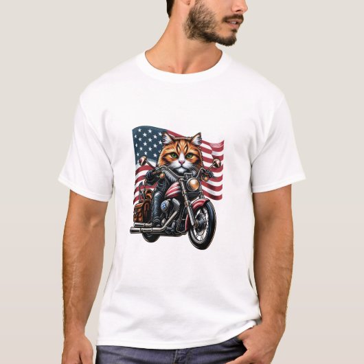 Grappige Grunge Cat Riding Motorfiets Amerikaanse T-shirt (Voorkant)