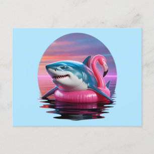 Grappige haai in Flamingo Pool Float Vaporwave Feestdagenkaart