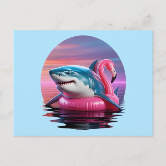 Grappige haai in Flamingo Pool Float Vaporwave Feestdagenkaart (Voorkant)