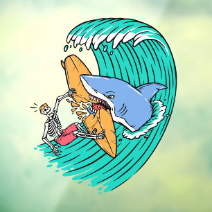 Grappige Haai Valt Surfer Skelet Man Aan Raamsticker