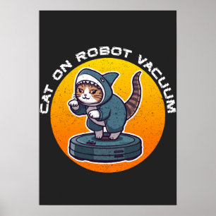 Grappige Haaienkat Op Robotstofzuiger Retro Meme K Poster