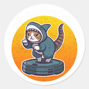 Grappige Haaienkat Op Robotstofzuiger Retro Meme K Ronde Sticker
