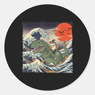 Grappige Halloween Cat Riding Dinosaur Spooky Ukiy Ronde Sticker