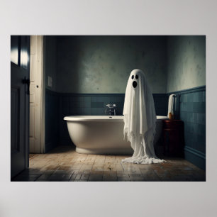 Grappige Halloween geest in badkamer toilet Poster