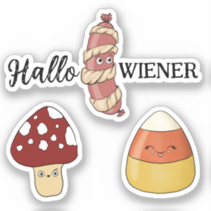 Grappige Halloween Hotdog Candy Corn en Paddestoel Sticker