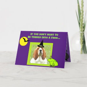 Grappige Halloween Kaart w / Basset Witch & Cauldr