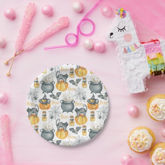 Grappige Halloween ketel en katten patroon Papieren Bordje (Feest)