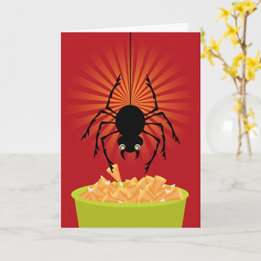 Grappige Halloween Spider Stealing Candy Corn Kaart (Gele Bloem)