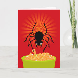 Grappige Halloween Spider Stealing Candy Corn Kaart