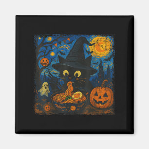 Grappige Halloween Zwarte Kat Eten Ramen Sterrenna Magneet