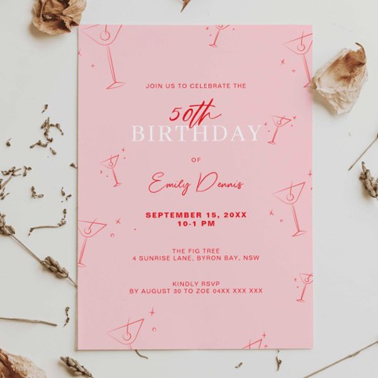 Grappige handgetekende martini 50ste verjaardagsfe kaart