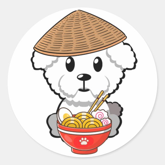 Grappige harige hond eet noedels ronde sticker (Voorkant)