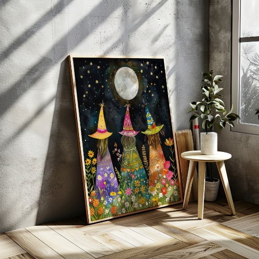 Grappige heksen onder Fullmoon kleurrijke kunst Poster