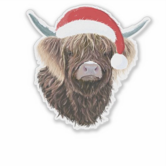 Grappige Highland Koe met een kerstmuts Sticker (Voorkant)