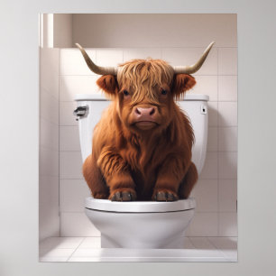 Grappige Highland Koe op de wc badkamer Poster