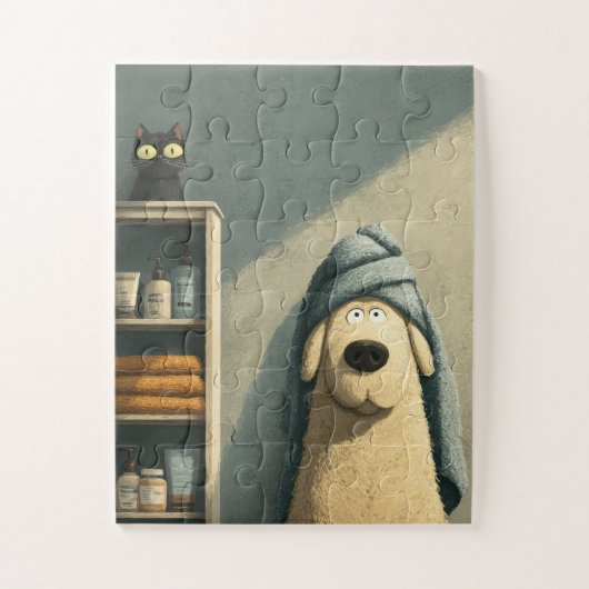Grappige hond in handdoek met kat puzzel (Verticaal)