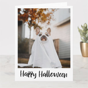 Grappige hond in spookkostuum Halloween kaart