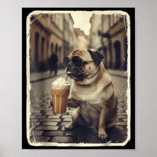 Grappige hond pug drinken ijskoude koffie dier mem poster