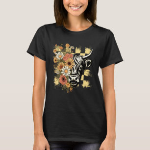 Grappige Hoogland Koe Retro Bloem Boerderij Dieren T-shirt