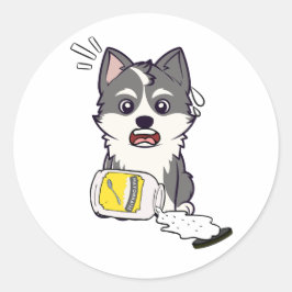 Grappige husky hond gemorste mayonaise ronde sticker