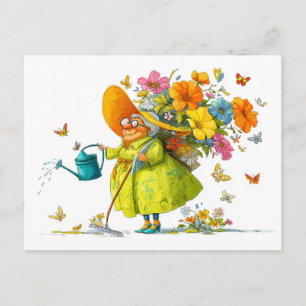Grappige illustratie van oma die bloemen kweekt feestdagenkaart