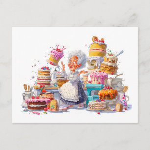 Grappige illustratie van oma die cakes bakt feestdagenkaart