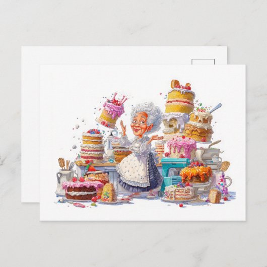 Grappige illustratie van oma die taarten bakt feestdagenkaart (Voorkant / Achterkant)