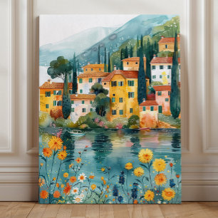 Grappige Italiaanse Lakeside Village Art Canvas Afdruk