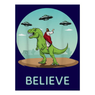Grappige Jezus Dinosaur UFO Geloof Retro Perfect Poster