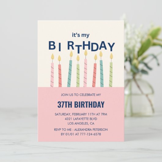 Grappige kaars roze groen 37e verjaardag uitnodigi kaart (Staand voorkant)