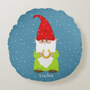 Grappige kabouter & hoefijzer op saffierblauw rond kussen