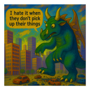 Grappige Kaiju monster kunst stappen op dingen Fan Perfect Poster