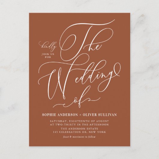 Grappige kalligrafie Terracotta bruiloft QR-code Uitnodiging Briefkaart (Voorkant)