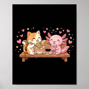 Grappige Kat Axolotl Eet Ramen Noedels Boba Kawaii Poster