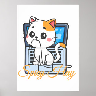 Grappige kat bijt snoer Kawaii kunst met Spicy Hay Poster