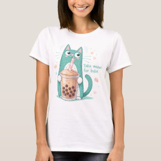 Grappige kat die Boba-drinkt-shirt, Cute Kawaii-ka T-shirt