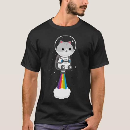 Grappige kat die door de ruimte vliegt met regenbo t-shirt (Voorkant)