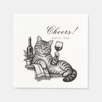 Grappige kat die een wijnglas houdt proost op een servet