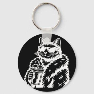 Grappige kat die ijs-koffie drink dier meme sleutelhanger