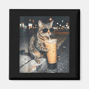 Grappige kat die ijsgekoelde koffie drinkt dier me magneet