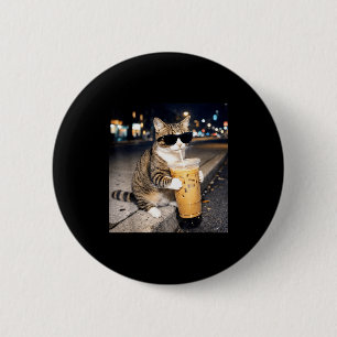 Grappige kat die ijskoude koffie drinkt dier meme  ronde button 5,7 cm