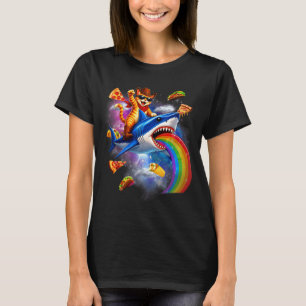 Grappige kat die op haai regenboog pizza taco ster t-shirt