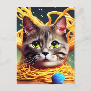 Grappige kat die spaghetti eet ansichtkaart briefkaart