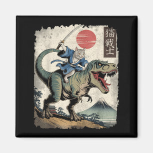 Grappige kat die T Rex rijdt Japanse Ukiyo-e kunst Magneet
