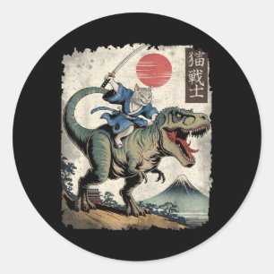 Grappige kat die T Rex rijdt Japanse Ukiyo-e kunst Ronde Sticker