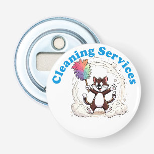 Grappige kat die zichzelf schoonmaakt met een kleu button flesopener