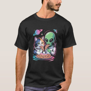 Grappige Kat en Alien delen Pizza Ruimte UFO voor T-shirt
